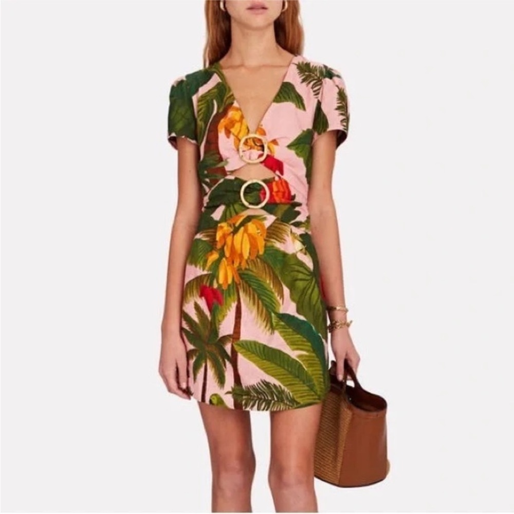 Farm Rio Cocoa Forest Cut Out Mini Dress XS Tropical O Ring